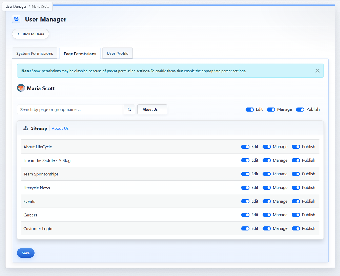 Page Permissions tab in User Manager
