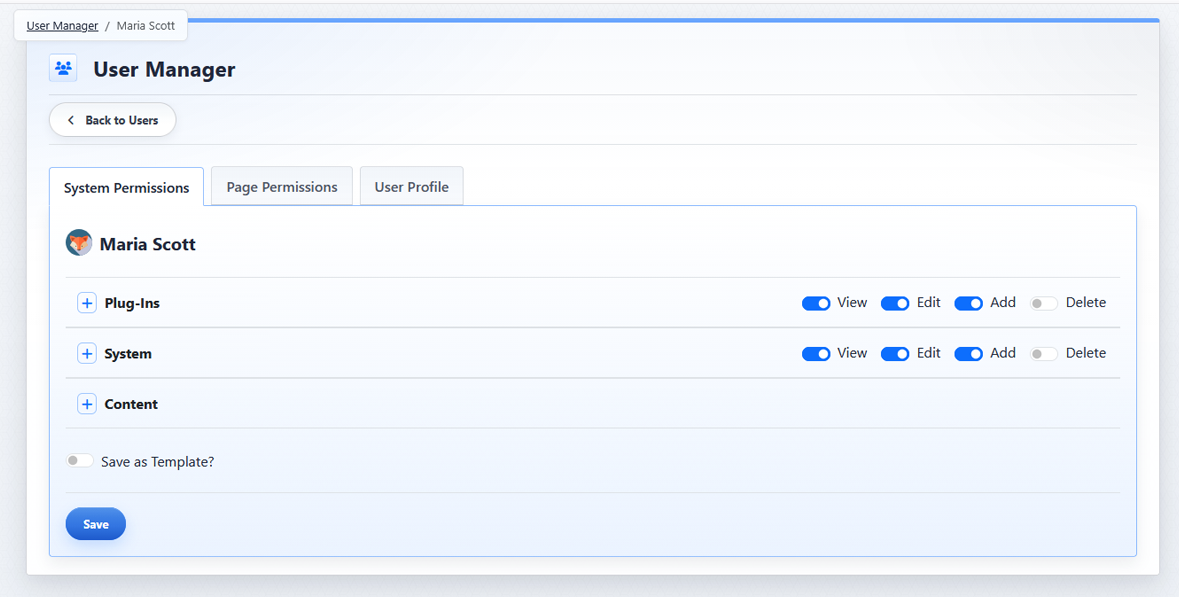 System Permissions tab in User Manager