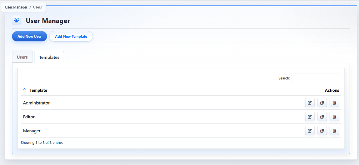 User Manager Templates tab list view