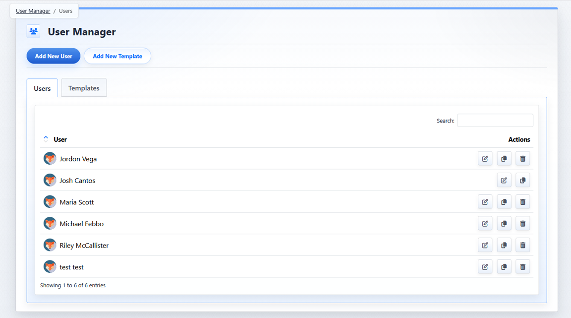 User Manager Users tab list view